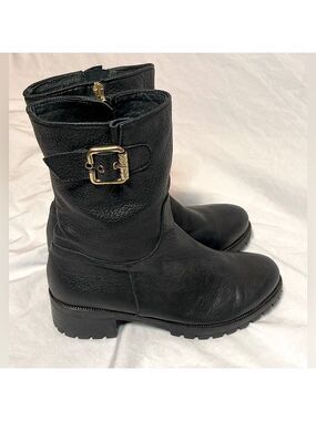 Pedro Miralles Black & Gold Leather Ankle Combat Boots Moto Chunky Heel | EU 39